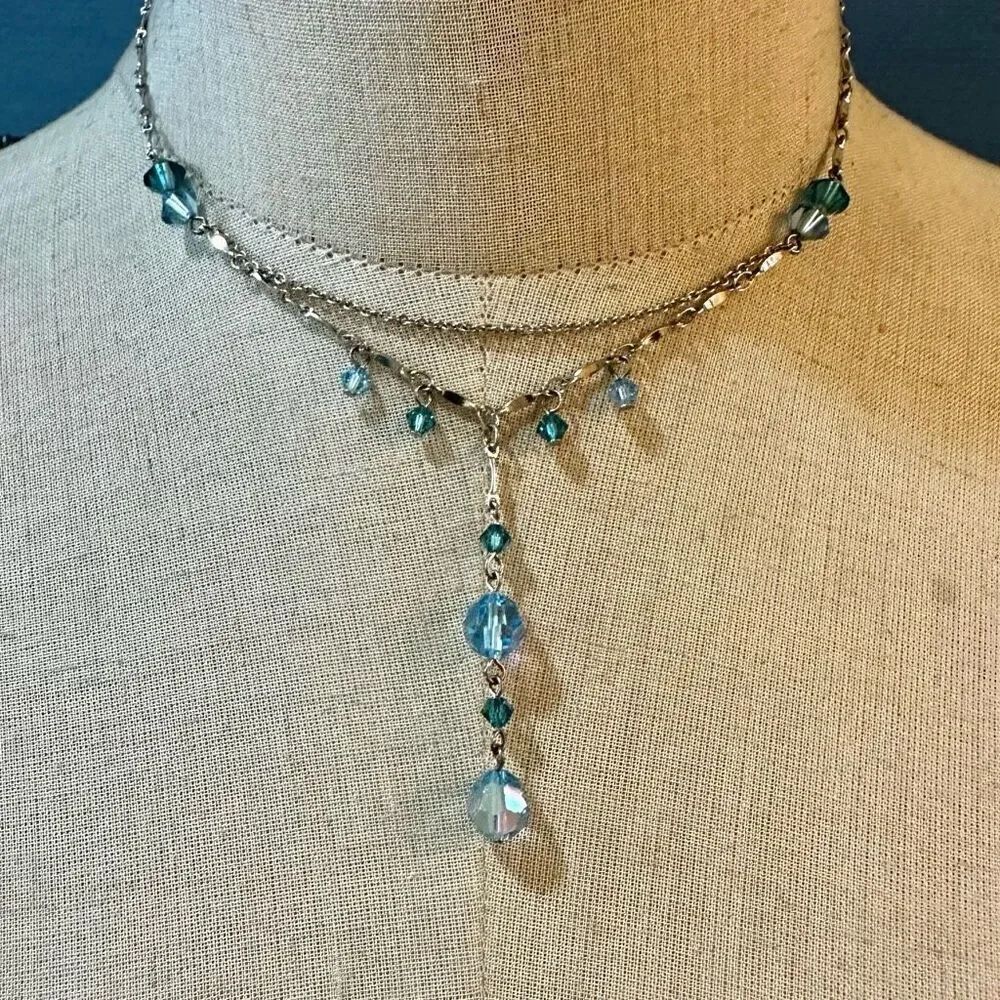 Blue Swarovski crystal silver tone Y necklace